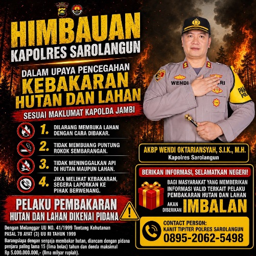 Laporkan Pembakar Hutan dan Lahan di Kabupaten Sarolangun, Warga Akan Mendapat Imbalan